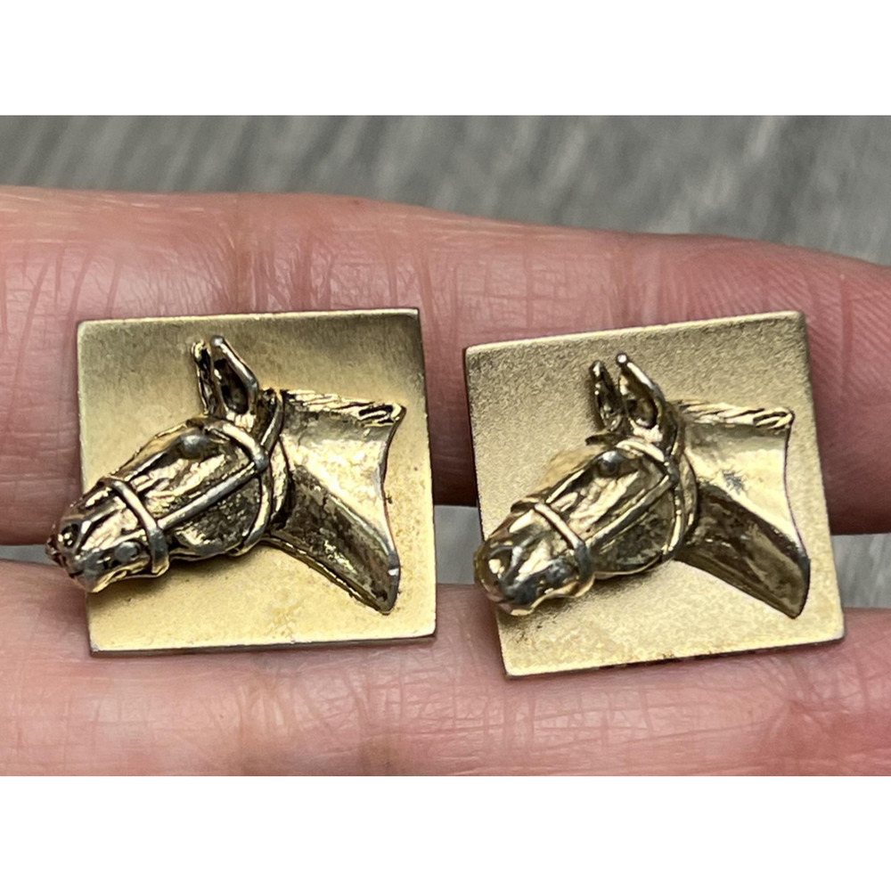 Horse Head‎ Cufflinks Mens Gold Tone Equestrian Rectangular Bullet Back Toggle